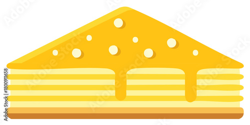 Slice of stacked yellow cake with dripping yellow glaze and white circles