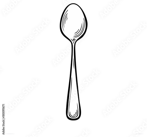 Elegant hand drawn spoon illustration. Detailed black and white line art sketch of a kitchen dining utensil.