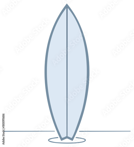 Minimalist Illustration of a Blue Surfboard Standing Upright on the Sand