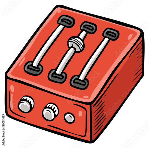 Cartoon Illustration of a Red Effects Pedal with Three White Sliders and Two Gray Knobs