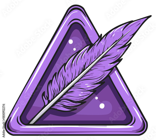 Stylized purple feather quill pen in a glossy triangular icon or badge illustration