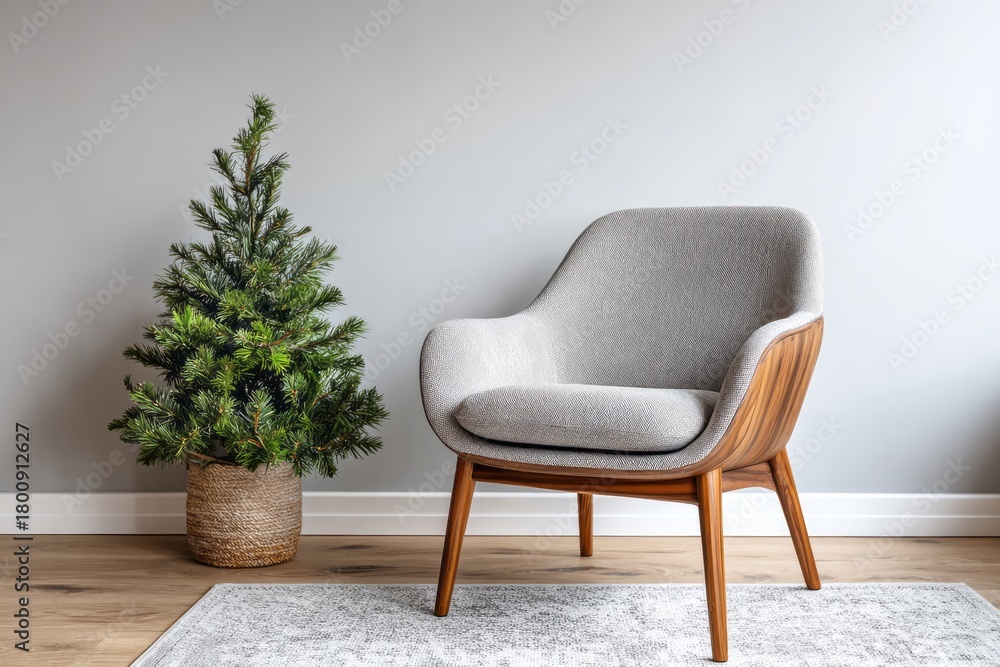 Fototapeta premium Mid-century modern style armchair sits beside a small evergreen plant indoors