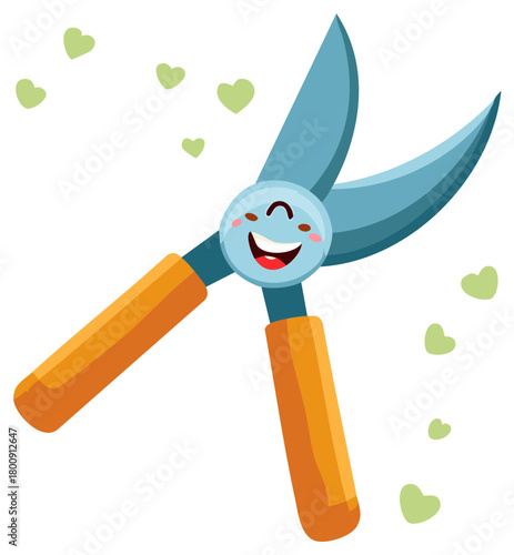 Cartoon Pruning Shears Illustration with Smiling Face and Green Hearts