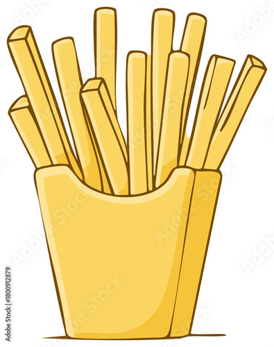 Golden French fries in a yellow paper carton, a delicious popular fast food snack illustration