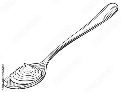 Spoon of Creamy Dessert Hand Drawn Illustration Lineart