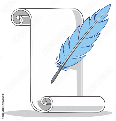 Stylized Quill Pen Resting On A Rolled Parchment Scroll Illustration Depicting Writing and Creativity