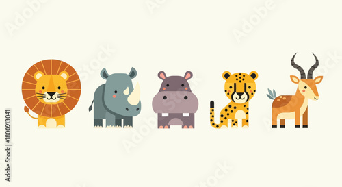 Charming set of stylized African safari animals including a lion, rhino, hippo, cheetah, and gazelle, perfect for kids' projects.