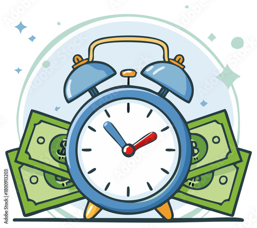 Alarm clock sitting on stacks of cash money cartoon illustration