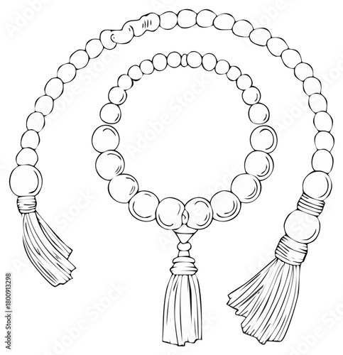 Ink drawing of beaded prayer beads, a traditional spiritual symbol.