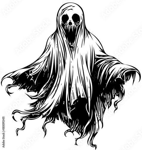 Fearsome spectral entity with a gaping maw and tattered shroud, a chilling black and white horror illustration