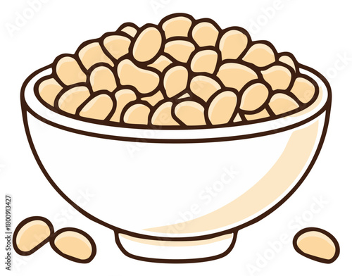 A simple cartoon illustration of a white bowl filled with soybeans or white beans