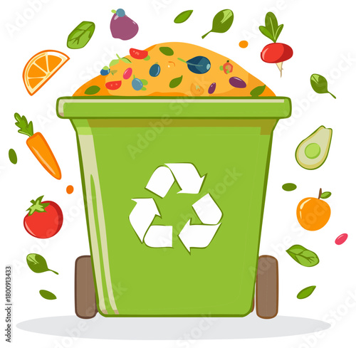 Green recycle bin full of food waste with vegetables and fruit around it