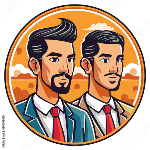 Two stylish men in suits standing side by side in a circular frame with a warm orange background