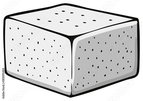 Chunk of cheese with black dots and grey shading isolated on white background