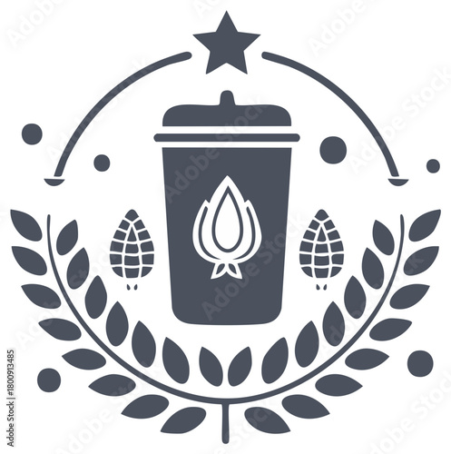 Stylized emblem featuring a cup, star, leaves, and hop cones, vector design