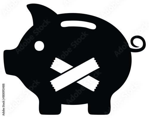 Black piggy bank icon taped with a cross symbolizing financial repair economic crisis budget fix strategy