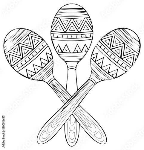 Three decorative maracas musical instruments line art illustration with tribal patterns and wooden handles for celebration design