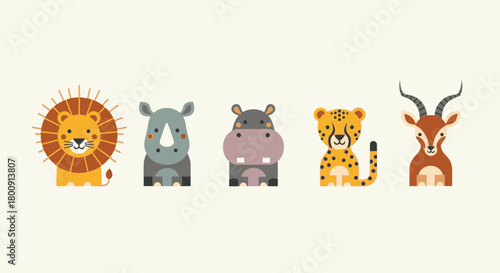 Adorable cartoon safari animals including lion, rhino, hippo, cheetah, and antelope create a playful, charming scene perfect for children's content and educational materials.