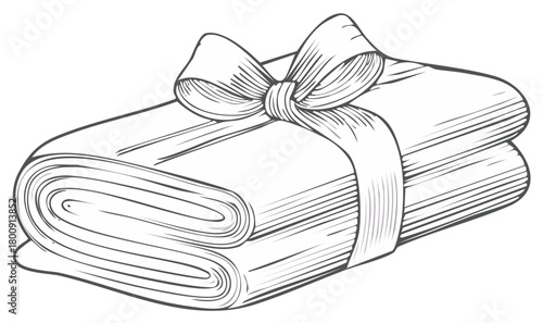 Gift-wrapped fabric rolls with a decorative bow, vintage black and white illustration
