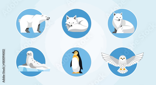 Charming arctic animals collection including polar bear, arctic fox, seal, penguin, and snowy owl, perfect for educational or decorative purposes.