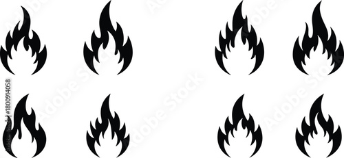 Set of flame icons, stylized fire shapes, burning heat symbol vector illustration, black fire graphic design elements for logo, tattoo, stickers, decals
