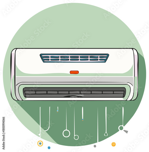 Cartoon illustration of a split system air conditioner on light green circular background with wires and electric parts