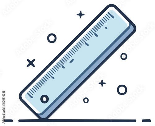 Blue Ruler with Measurement Markings in Cartoon Style Surrounded by Shapes