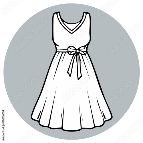 Classic line art illustration of a sleeveless flared dress with a sash bow