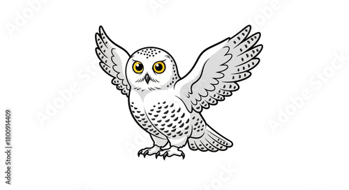 Majestic snowy owl with wings spread wide, captured in a dynamic pose, symbolizing wisdom and vigilance for natural themes.