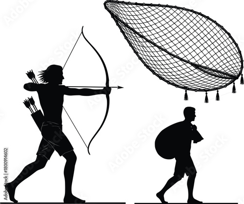 Ancient tribal hunter aiming bow and arrow, man walking with sack under large net, traditional hunting silhouette concept, primitive survival illustration