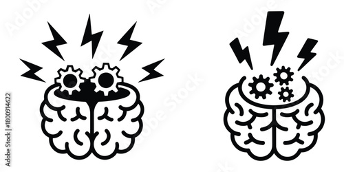 Two stylized brains with gears and lightning bolts symbolizing intense thinking and creative ideas