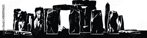 Ancient Stonehenge monument vector illustration, historic megalithic structure silhouette design, black and white landmark artwork symbolizing prehistoric culture, history, and architecture