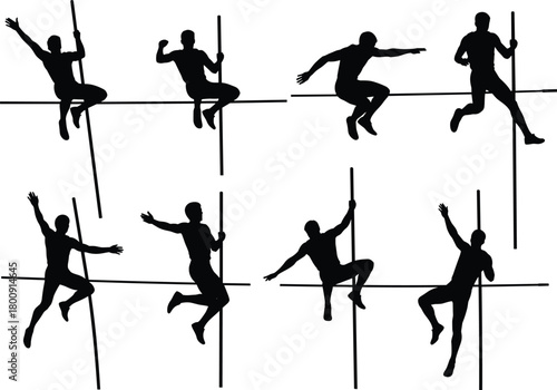 Athlete pole vault silhouette vector set showing different jump stages, sportsman action poses, fitness competition, strength, and athletic training illustration for design