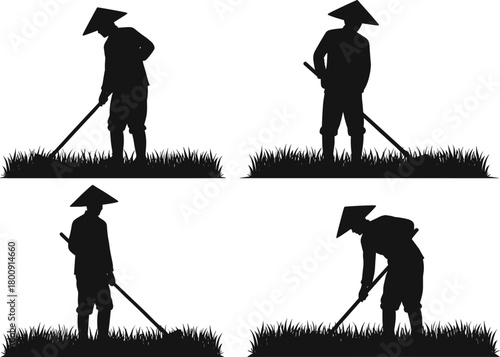 Asian farmer silhouettes working in rice field, traditional agricultural laborers with conical hats and hoes, rural countryside farming scene vector illustration