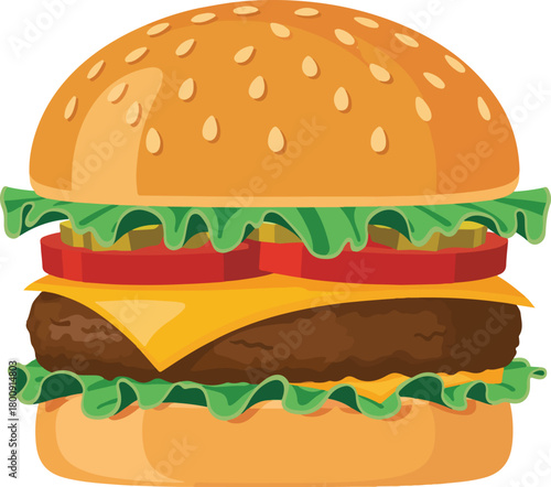 Hamburger vector illustration with sesame seed bun fresh lettuce juicy tomato cheese and beef patty