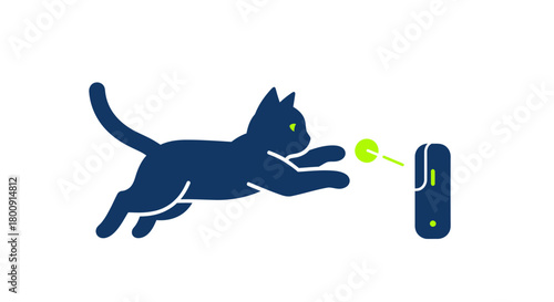 Playful cat silhouette chases laser pointer, a modern take on pet entertainment that captures feline fun and tech appeal for playful, vibrant designs