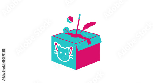 Playful cat toy box illustration for pet product designs and marketing campaigns, vibrant colors and modern style, ideal for pet stores and online retailers
