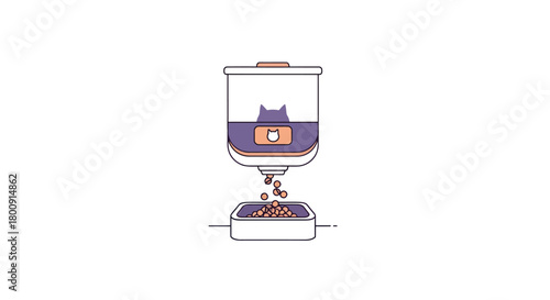 Automated cat feeder dispensing kibble with curious feline silhouette watching, perfect for pet care brands and innovative pet tech marketing
