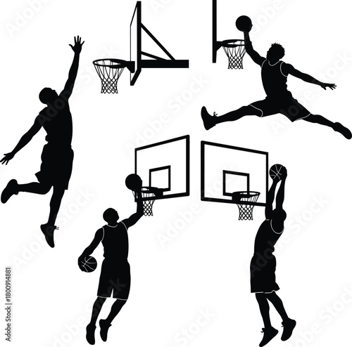 Basketball player silhouette vector illustration, dynamic slam dunk poses, professional athlete sports action design, energetic black and white artwork for competition and fitness concept