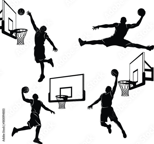 Basketball player silhouette vector illustration, professional athlete slam dunk action, dynamic sports design, black and white artwork showing energy, movement, and competitive fitness spirit