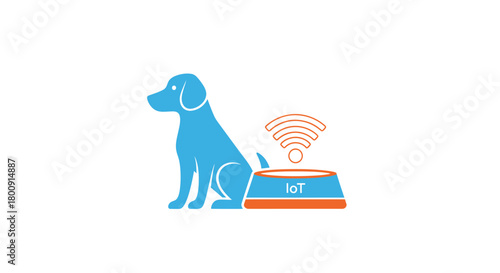 Smart pet care concept showcases a loyal dog near a food bowl with IoT connectivity, offering convenience and peace of mind for modern pet owners