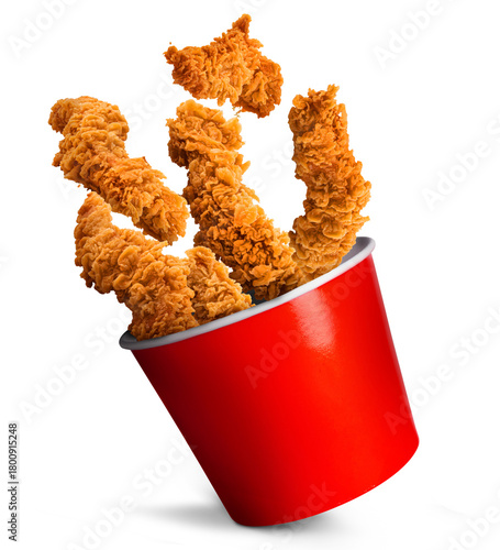 Flying Crispy Fried Chicken Strips Falling Into Red Bucket Isolated on Transparent Background (PNG). Tasty crunchy chicken tenders arranged creatively, perfect for fast food advertising.