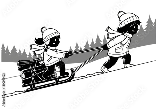Two children in winter gear pulling a sled loaded with firewood up a snowy slope.