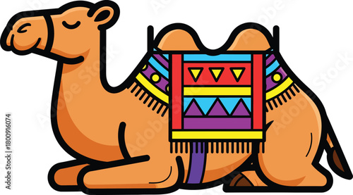 Cartoon Bactrian camel resting peacefully with a colorful patterned saddle blanket.