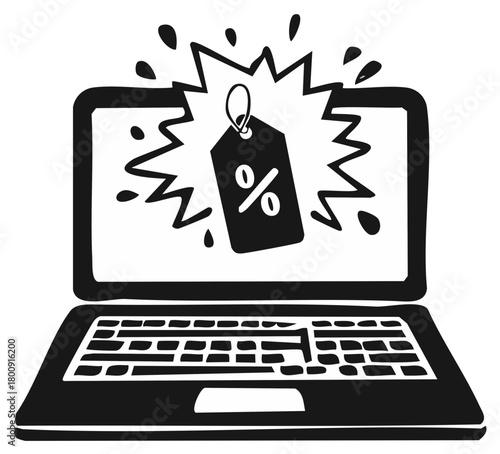 Laptop screen with exploding sales tag and percent symbol isolated