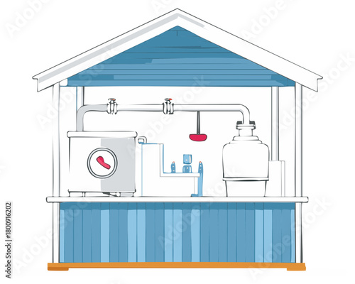 Cross section illustration of a craft distillery or homebrewing setup in a shed