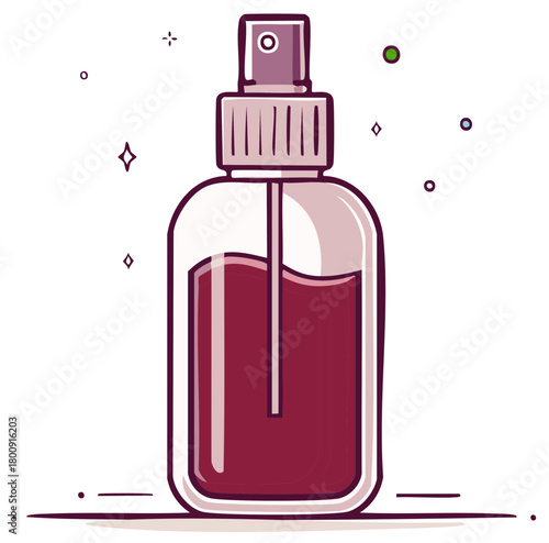 A simple illustrative spray bottle filled with dark red liquid and a purple mist disperser