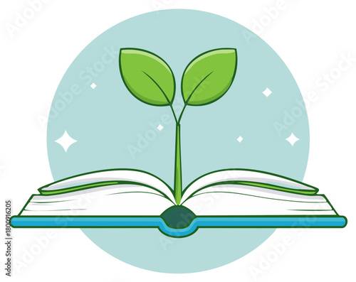 Sprout Growing Out of a Book with Blue Background. Education, Reading Concept.