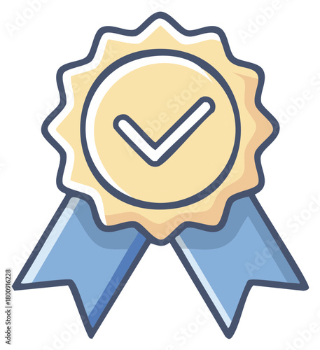 Quality Guarantee Seal Award Ribbon Icon with Check Mark for Approval and Certification