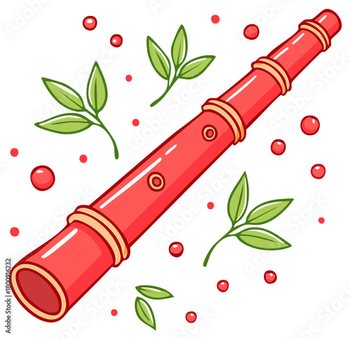 Cartoon red wooden wind instrument with green leaves and red berries